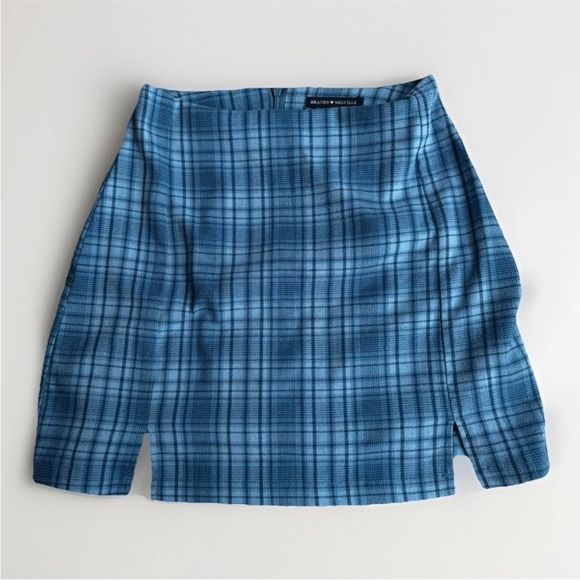 Brandy Melville Blue Plaid Mini Skirt Y2K Grunge Preppy High Waisted Slit Sz S - Picture 2 of 5